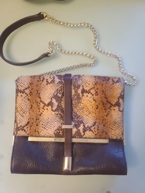 Vince Camuto Brown & Tan Snake-Print Shoulder Bag with Gold Chain